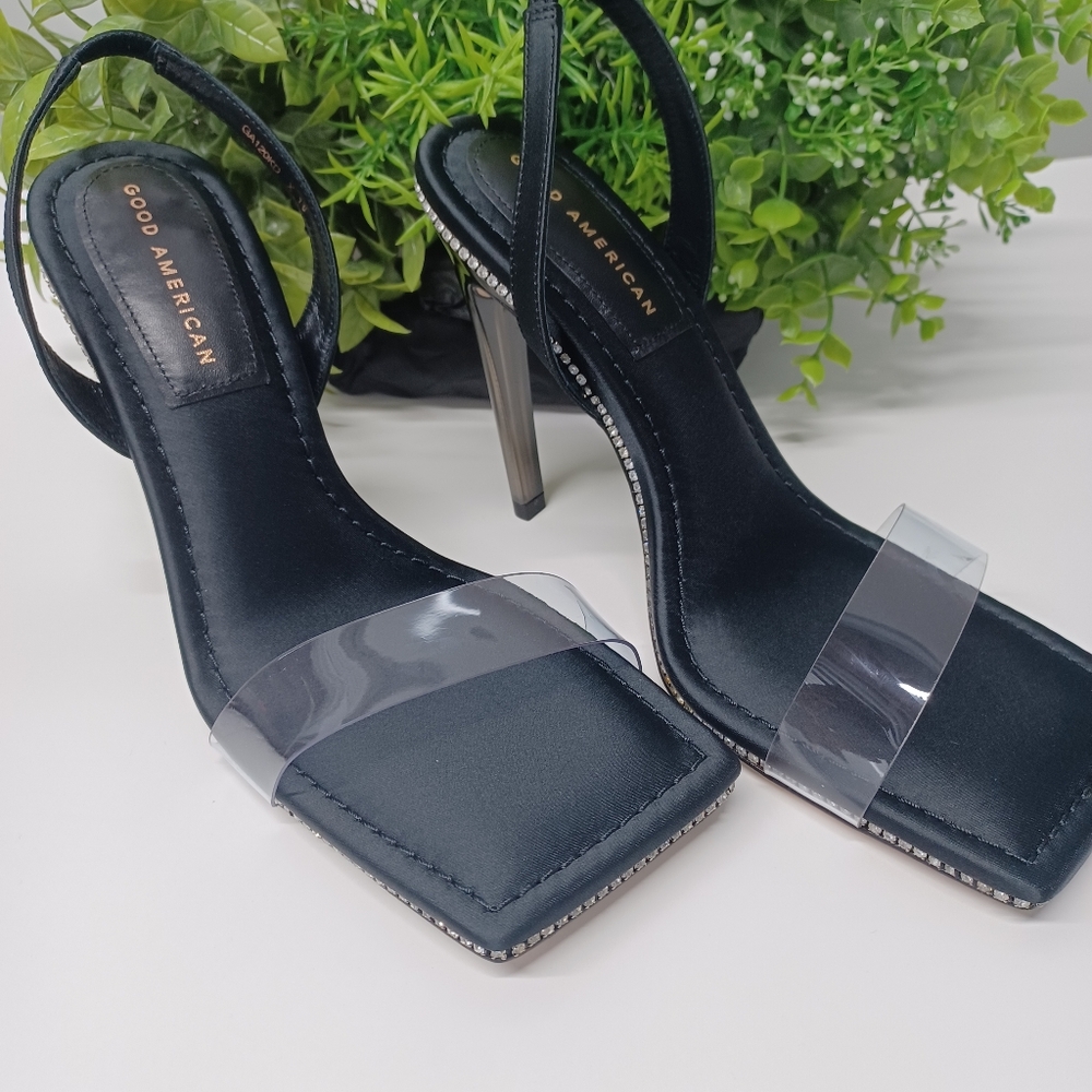 Good American Crystal Crush Lucite Heel Sandals Black 10 NIB - Picture 3 of 7